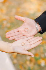 Newlyweds exchange rings, groom puts the ring on the bride's hand.
