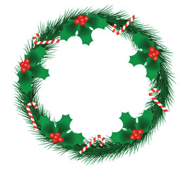 Christmas Fir Wreath with Holly Berries and Candy Canes. Festive winter holiday concept vector
