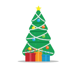 Christmas Tree with Presents Flat Style on White. Festive winter holiday concept vector