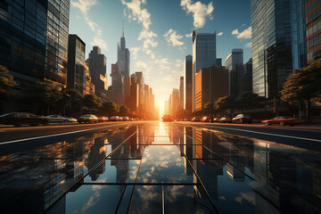 Photograph of the sky among tall buildings in a modern city. - Powered by Adobe