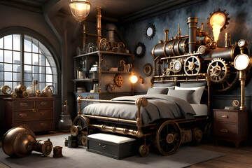 Steampunk interior. Creative design of a living room in steampunk style. Copper pipes, clocks and gears as design elements. - obrazy, fototapety, plakaty