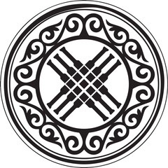 Vector round golden Kazakh national ornament shanyrak. Circle hole on the roof of the yurt. Ethnic pattern of nomadic peoples of the Great Steppe, Kyrgyz, Mongols, Bashkirs, Buryats, Kalmyks