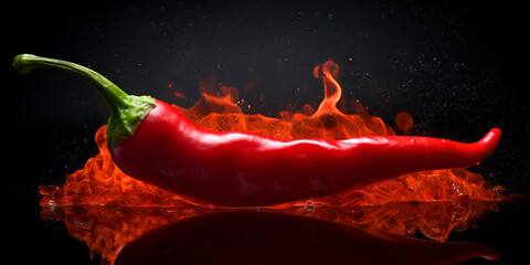 Spicy Fire, Red chili peppers sharp red siliculose pepper against a flame, Smoldering chili pepper adding spice to dishes, Red hot chili peppers, generative ai 
