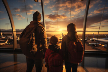 Family with luggage against the background of panoramic windows of airport.