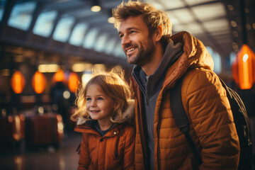 Young happy Caucasian family at airport, subway, train station, or shopping mall - obrazy, fototapety, plakaty