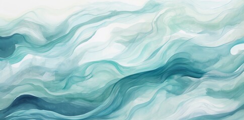Obraz premium Waves of Tranquility: A Serene Painting Capturing Blue and White Waves on a White Wall