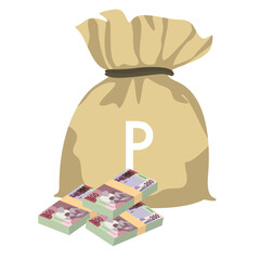 Pula Vector Illustration. Botswana money set bundle banknotes. Money bag 200 BWP. Flat style. Isolated on white background. Simple minimal design.