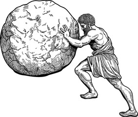 a man in ancient Greek clothing rolls a large round stone to the top © Юрий Кравченко
