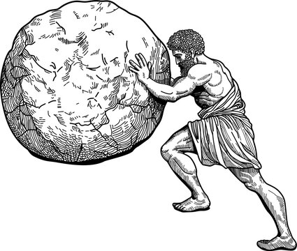 a man in ancient Greek clothing rolls a large round stone to the top