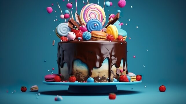 colorful cake decorated with sweets on a blue background poured with chocolate. Place for your text Concept, 3d render illustration