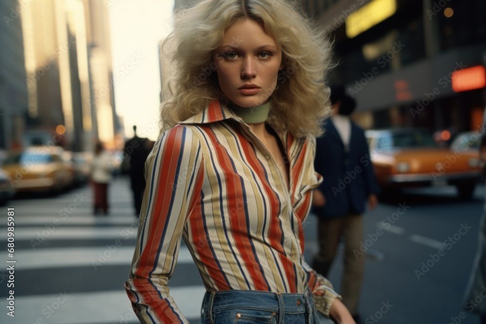 Wall mural candid street portrait of a vintage blonde woman in the style of the 80s walking in the street. gene