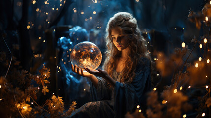 Beautiful fairy girl with magic crystal ball in the deep forest at night.