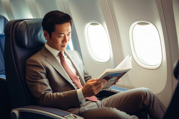 飛行機のビジネスクラスに座っているビジネスマン