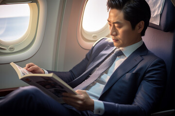 飛行機のビジネスクラスに座っているビジネスマン