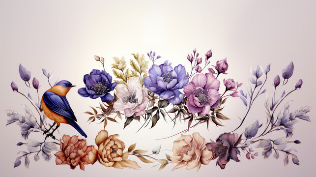 Watercolor floral composition with anemones, flowers and bird.