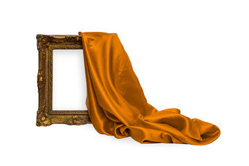 Silk fabric unveiling a empty vintage frame, isolated on white background, abstract backdrop