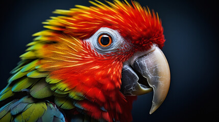 Gros plan, zoom sur un perroquet avec les plumes colorées sur fond noir. Animal, volatile, oiseau, nature. Fond pour conception et création graphique.