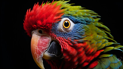 Gros plan, zoom sur un perroquet avec les plumes colorées sur fond noir. Animal, volatile, oiseau, nature. Fond pour conception et création graphique.