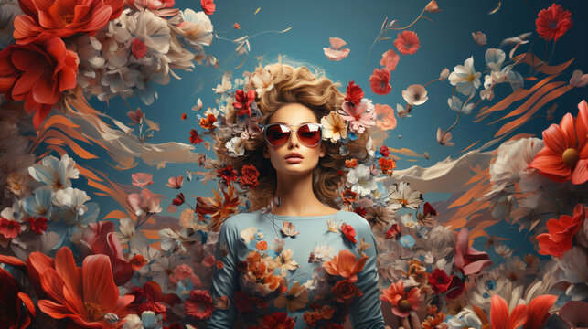 Beautiful young woman with flowers in hair. Beauty, fashion. Fantasy girl art portrait in pastel colors.