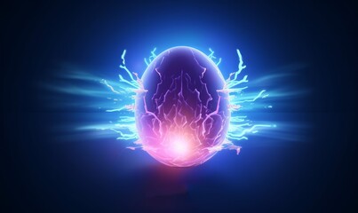Broken egg birth concept in digital style. Rays of light from the crack of the egg, the concept of a festive banner with a light neon effect. AI - obrazy, fototapety, plakaty