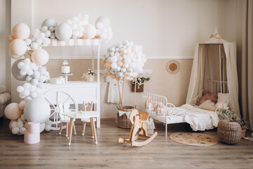 Elegant wedding dress, shoes and bouquet in room