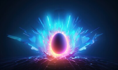Broken egg birth concept in digital style. Rays of light from the crack of the egg, the concept of a festive banner with a light neon effect. AI
