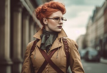 Desert punk woman red hair victorian style. Super hero in the city vintage. Generate Ai - obrazy, fototapety, plakaty
