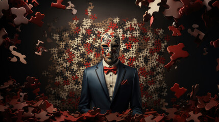 Man with skull mask and jigsaw puzzle pieces around him on dark background. - obrazy, fototapety, plakaty