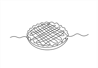 Single continuous line drawing of stylized delicious apple pie for cake logo art label. Pastry shop concept. Modern one line draw design vector graphic illustration cake food service