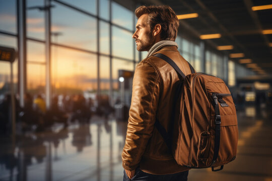 Caucasian man looks at the planes in the window of the airport