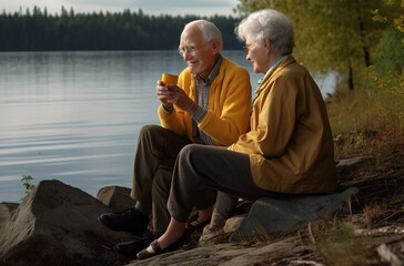 Elderly couple enjoying morning coffee at lake outdoor. Happiness adult relax senior. Generate Ai