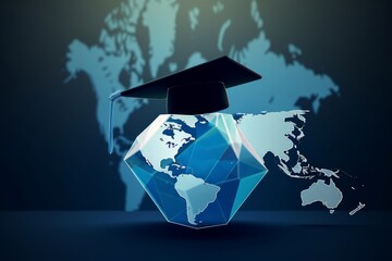 Dental education for the dentist. Futuristic polygonal 3d illustration of graduation cap on world map background. Online educational course, Generative AI