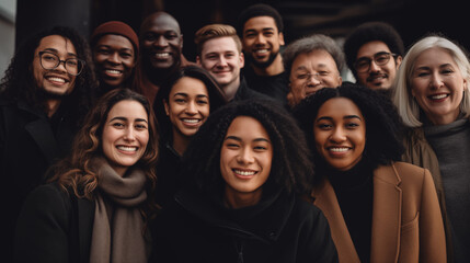 Obraz premium Unity of races and social classes. Multiracial group of people with black African-American Caucasian and Asian people . smiling together.