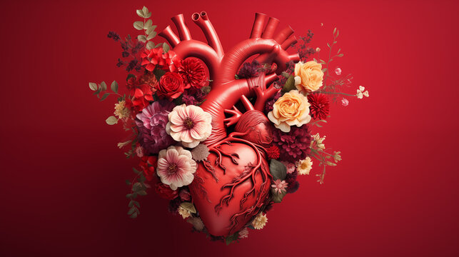 abstract image of a human heart with flowers on a red background. copy space