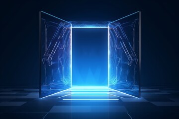 Open door at digital path futuristic science fiction concept of doorway. Technology portal in a polygonal wireframe glowing style.  illustration, Generative AI - obrazy, fototapety, plakaty