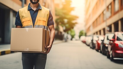 A young man in uniform holding a parcel, emphasizing the commitment and professionalism in the delivery and shipping service, ensuring secure transportation to homes. - obrazy, fototapety, plakaty