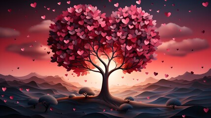 Heart in nature An abstract and magical landscape with a red heart-shaped tree, symbolizing love and romance, creating a fantasy illustration for Valentine's Day or weddings.
