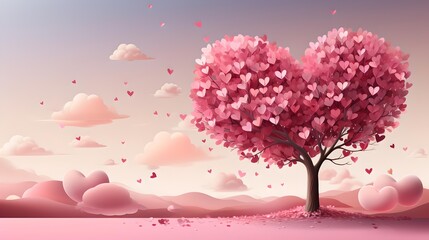 Heart in nature An abstract and magical landscape with a red heart-shaped tree, symbolizing love and romance, creating a fantasy illustration for Valentine's Day or weddings.