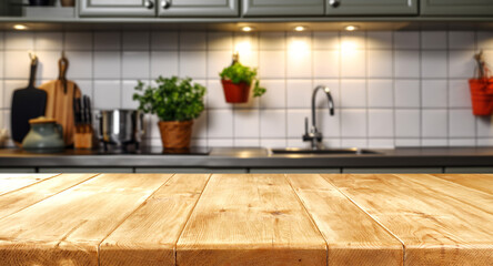 Wood table top on blur kitchen counter (room)background.For montage product display or design key visual layout. - obrazy, fototapety, plakaty