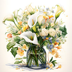 Hydrangeas, Calla Lilies, Baby's Breath, Chrysanthemums, Flowers, Watercolor illustrations