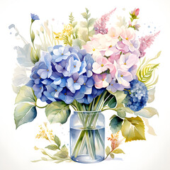 Hydrangeas, Calla Lilies, Baby's Breath, Chrysanthemums, Flowers, Watercolor illustrations