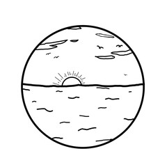 Line art sketch scenery doodle inspired by beach and sun with black line color that can used for sticker, social media, e.t.c	
