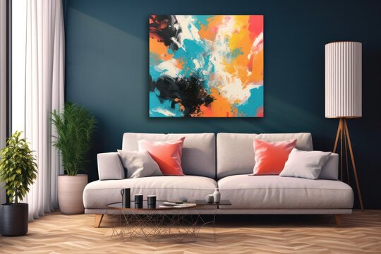 Happy Mood Living Room Idea Of Home Decor Design With Colorful Abstract Painting Art Wall Hanging.