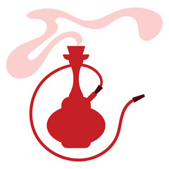 Red hookah with smoke, in flat style, hookah smoking concept. Vector illustration. Logo, icon for hookah bars