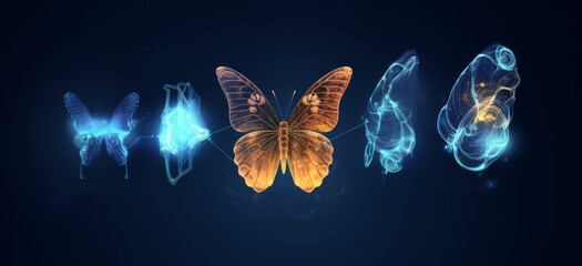 Evolution of a butterfly in a digital futuristic style. Insect life cycle, transformation from caterpillar to butterfly. The concept of a successful startup or investment or business, Generative AI - obrazy, fototapety, plakaty