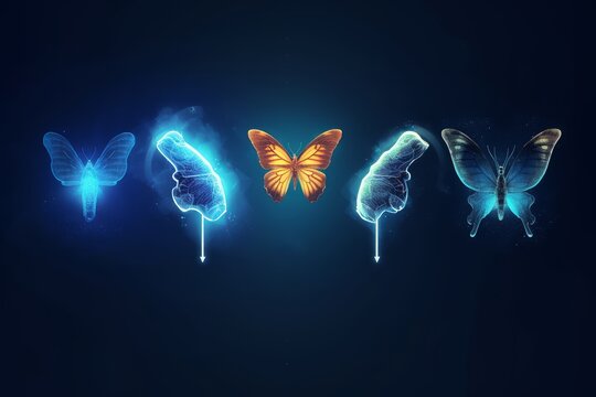 Fototapeta Evolution of a butterfly in a digital futuristic style. Insect life cycle, transformation from caterpillar to butterfly. The concept of a successful startup or investment or business, Generative AI