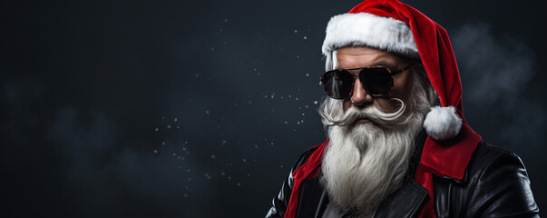 cool Santa Claus gangster in glasses and a leather jacket. festive Christmas banner. dark background. AI generative - obrazy, fototapety, plakaty