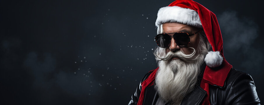 cool Santa Claus gangster in glasses and a leather jacket. festive Christmas banner. dark background. AI generative