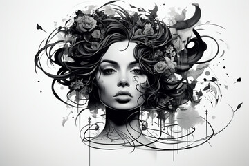 Beauty, fashion, make-up and art concept. Beautiful woman portrait sketch style drawing. Model face drawn with black ink lines style. Black and white illustration