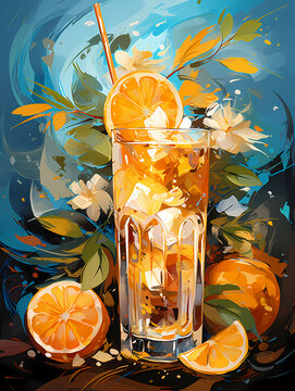 A Glass Of Orange Juice With Orange Slices And Flowers - tropical cocktail with orange lemon and carambola